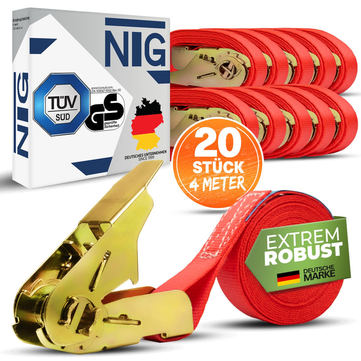 NTG Spanngurte mit Ratsche - 800kg Kapazität - 4m lang 20 Stück - 25mm breit - TÜV GS zertifizierte