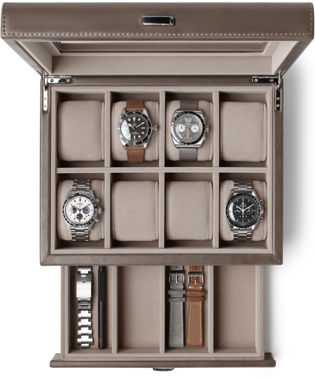 TAWBURY 8-Fach-Uhrenbox mit Aufbewahrungsschublade – Premium-Uhrenaufbewahrungsbox für Herren (Taupe