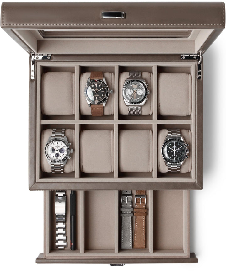 TAWBURY 8-Fach-Uhrenbox mit Aufbewahrungsschublade – Premium-Uhrenaufbewahrungsbox für Herren (Taupe