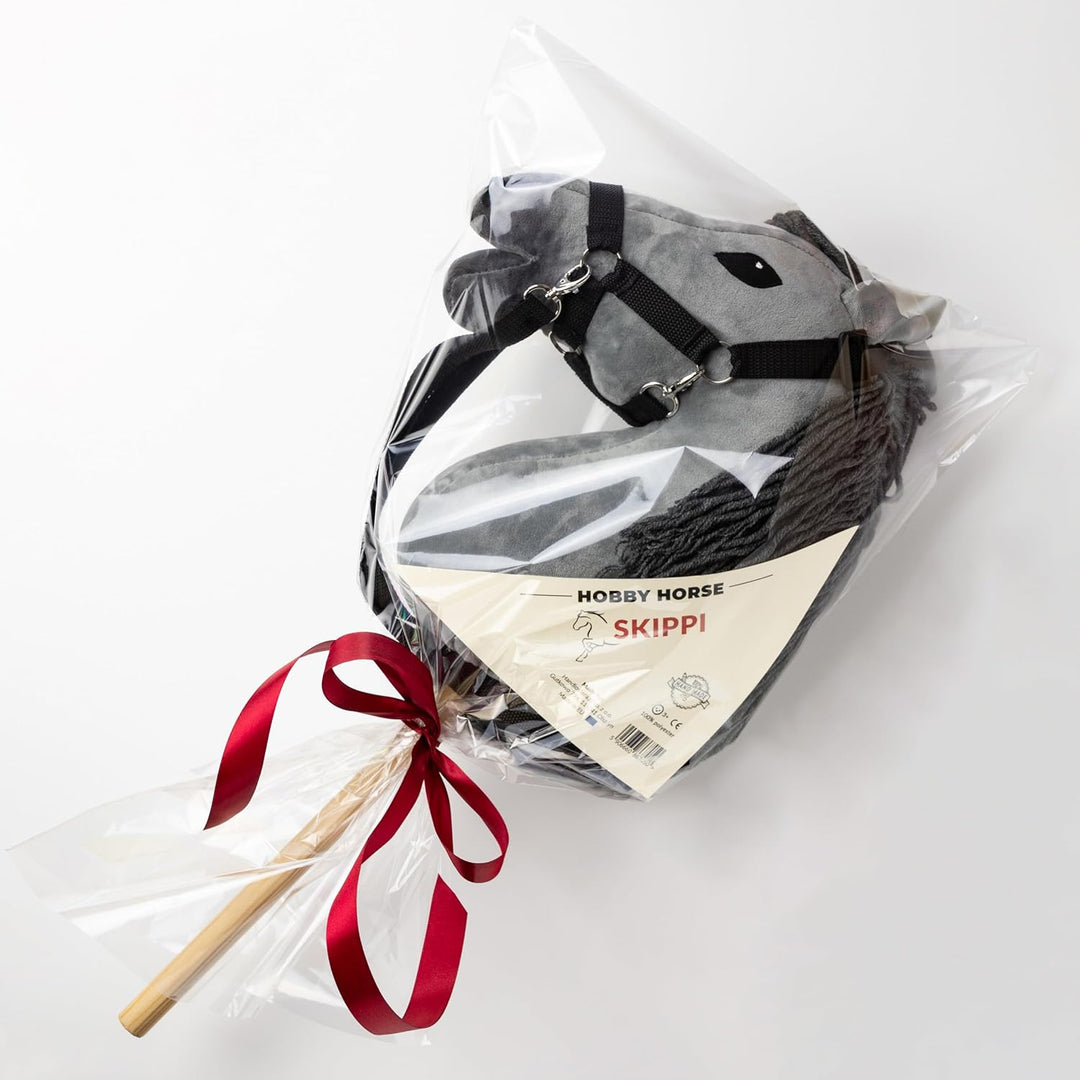SKIPPI Hobby Horse Graues, Steckenpferd mit Halfter und Zügeln im Set, Hobby Horsing Pferd A3