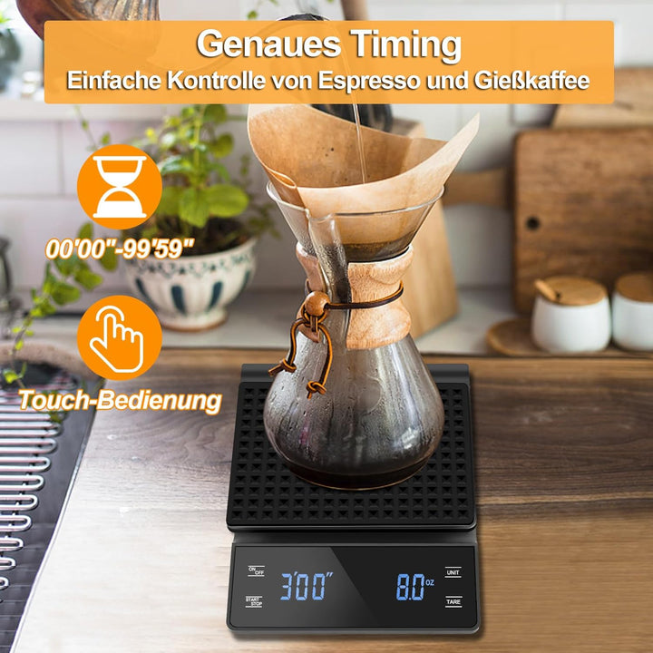 Kaffeewaage mit Timer Espresso Waage 0,1g/3kg Hohe Präzision Digitale Kaffee Waage Küchenwaage Wasse