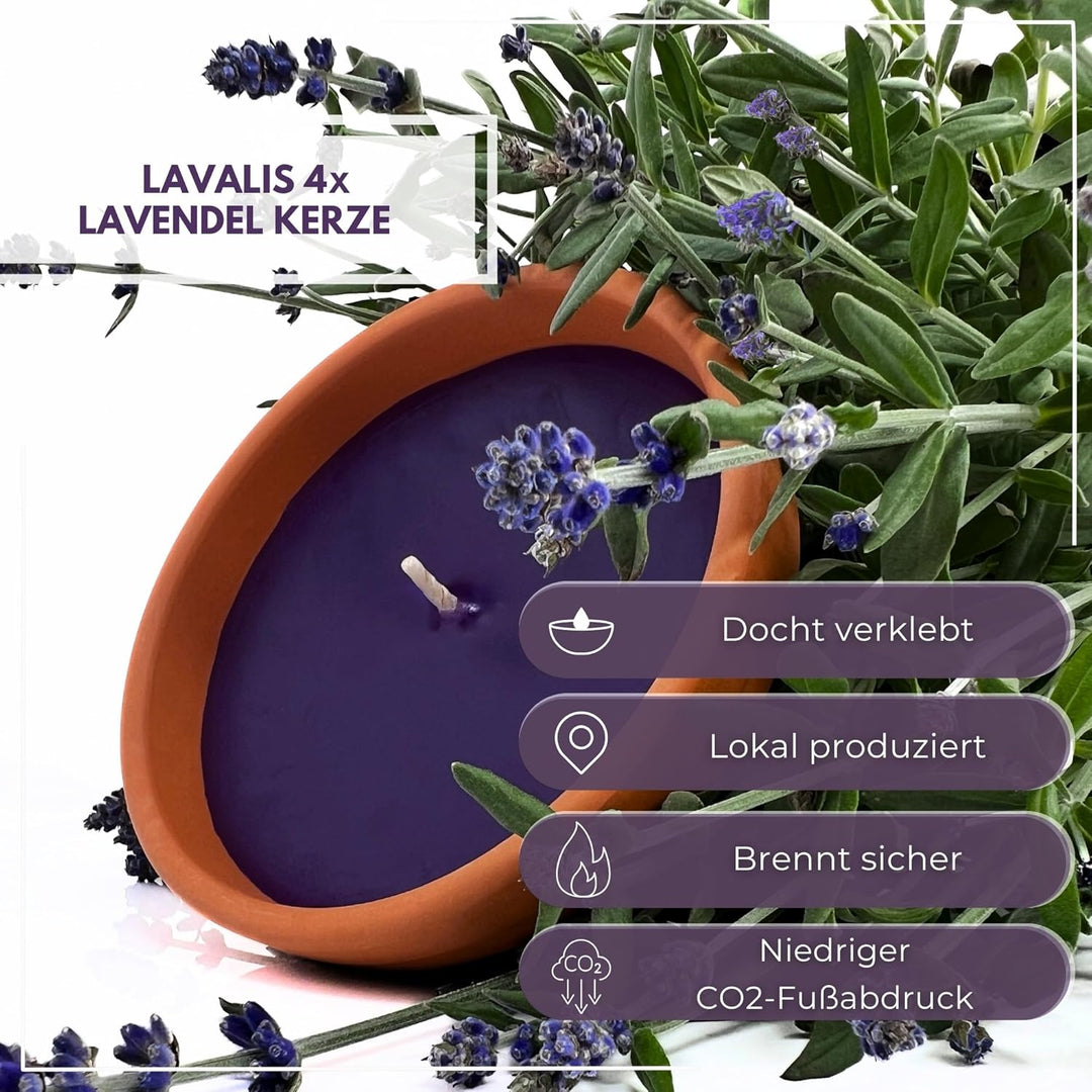 Lavalis 4X Lavendel Kerze mit Duft in Terrakotta-Schale, Alternative zu Citronella-Kerze, Handbefüll