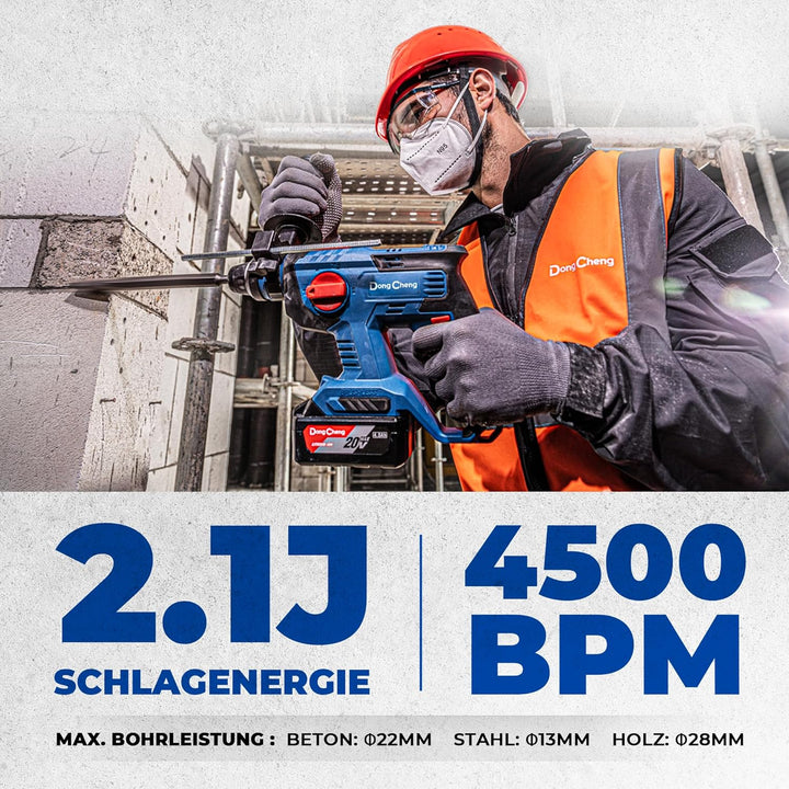 DongCheng Akku Bohrhammer 18V, Schlagenergie 2.1 J, mit 4 Stück SDS-plus, Bohren bis 28 mm, Bürstenl