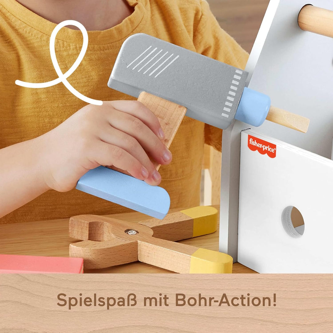 Fisher-Price Holz-Werkzeugkasten, Rollenspiel-Spielset mit Spielzeugbohrer, 9 Spielteile aus Holz fü