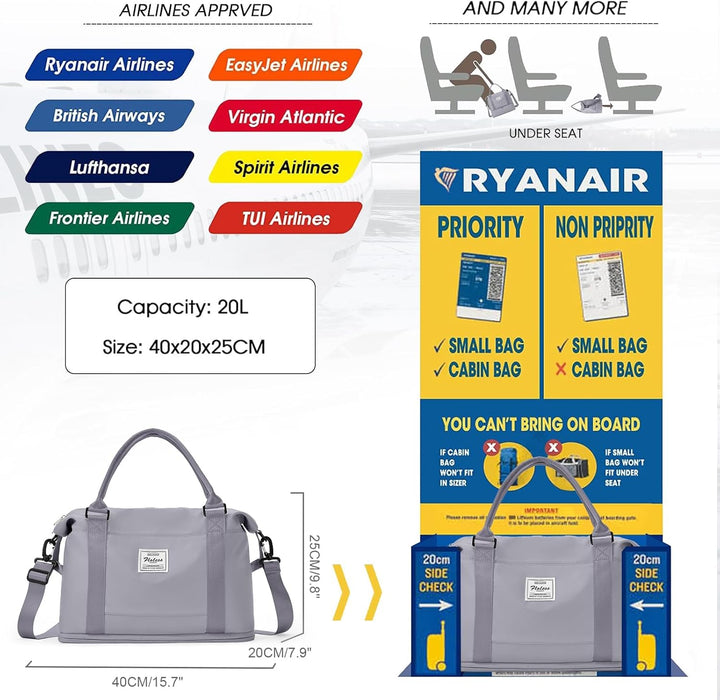 SEAFEW Reisetasche Klein, 40x20x25 Ryanair Handgepäck Tasche für Flugzeug Weekender Sporttasche Dame