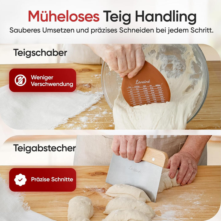 Levainé Sauerteig Starter Set mit Gärkörbchen Set (Rund & Oval) und Zubehör – Brot Backen Zubehör Se