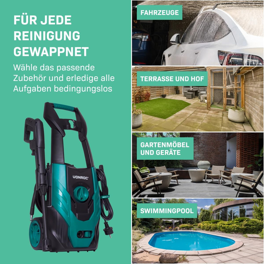 VONROC Hochdruckreiniger 110bar - Fassadenreiniger für einfache Reinigungsarbeiten [1400W] - Durchfl