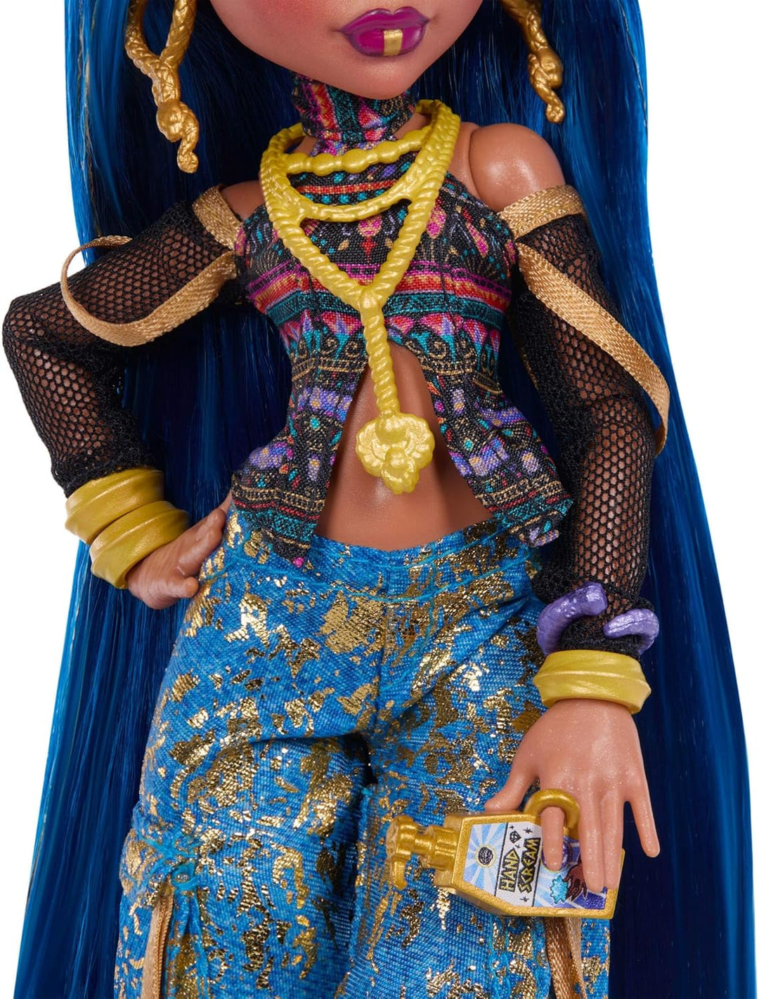 Monster High-Puppe Cleo de Nile in Crop-Top und Goldener Jeans-Cargohose mit Haustierschlange Hisset