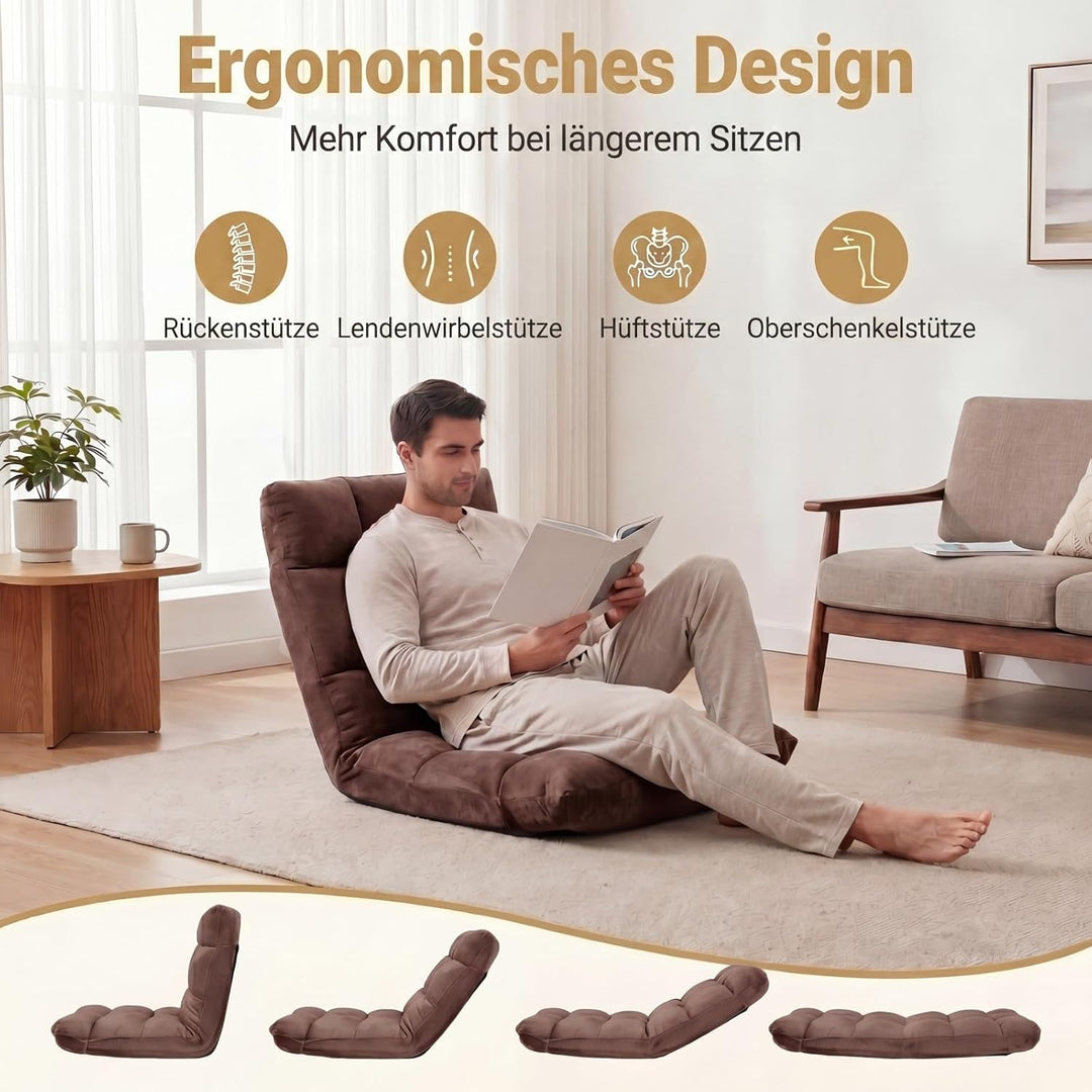 RELAX4LIFE Bodenstuhl klappbar, Bodensessel mit Liegefunktion (Kaffee) | Bodensitz mit Verstellbarer
