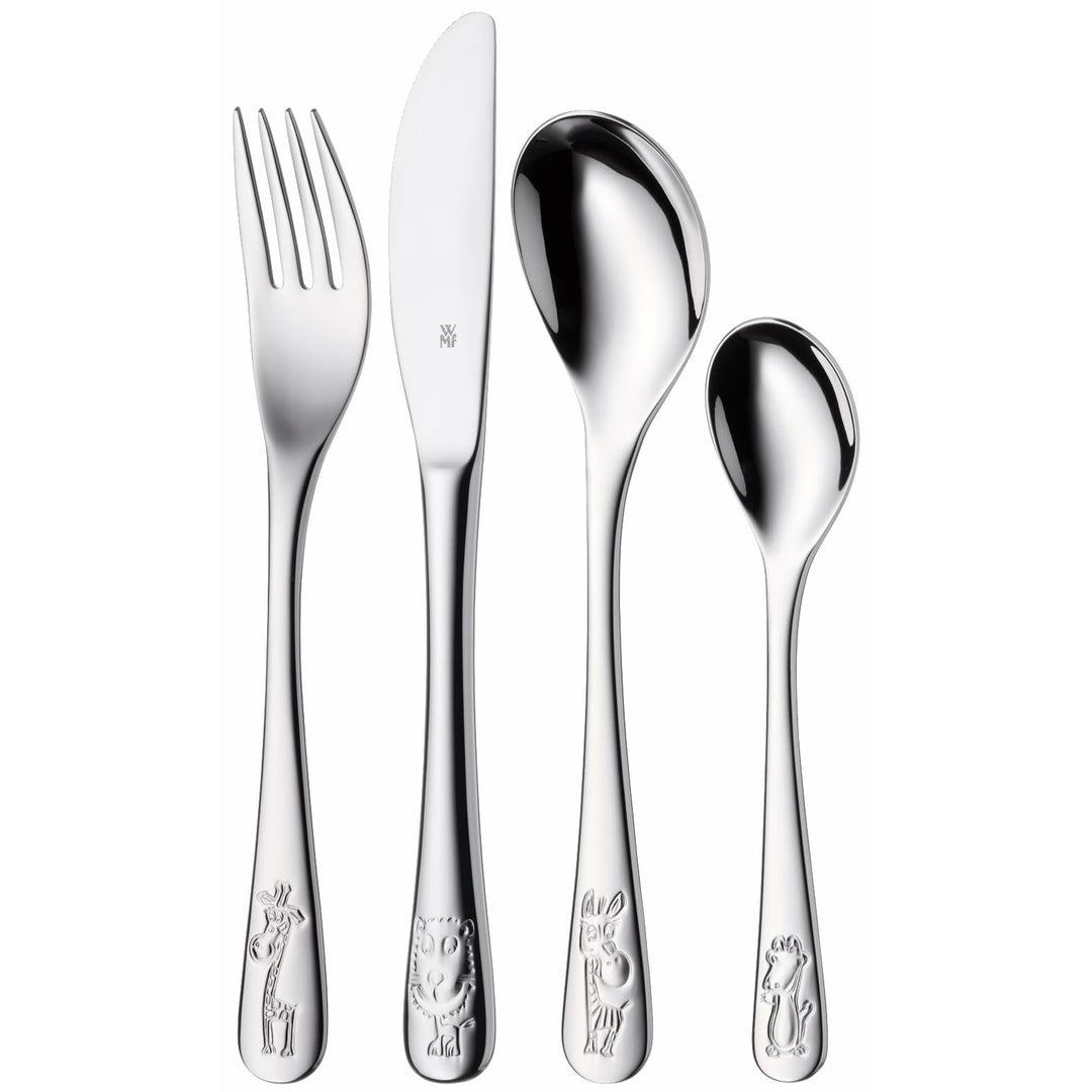WMF Safari Kinderbesteck Set 4-teilig, Kinderbesteck Edelstahl, Besteck Kinder ab 3 Jahre, Cromargan
