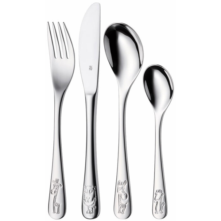 WMF Safari Kinderbesteck Set 4-teilig, Kinderbesteck Edelstahl, Besteck Kinder ab 3 Jahre, Cromargan