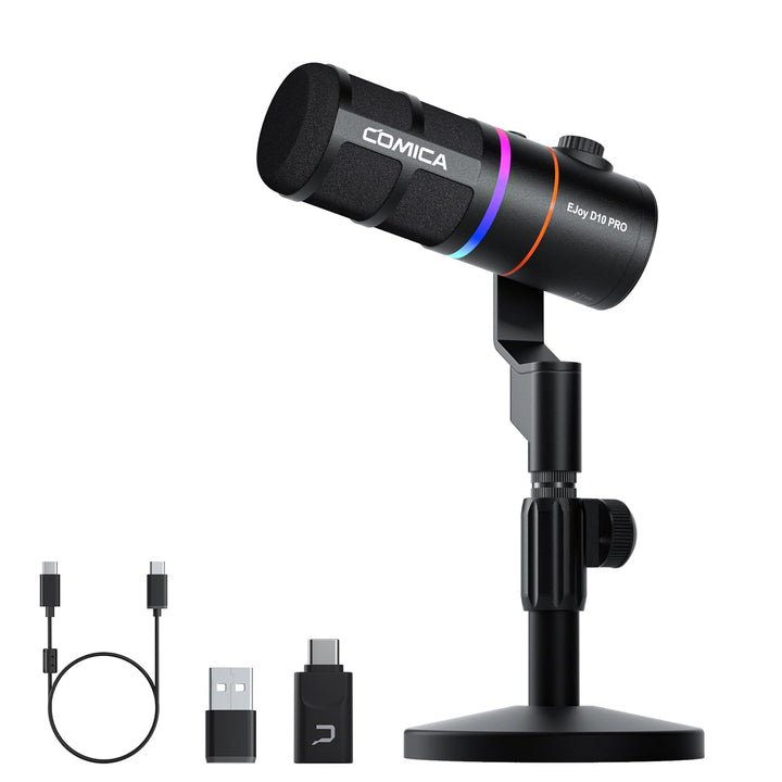 COMICA EJoy D10 Pro Mikrofon Cardioid Dynamisches USB-C/XLR Mikrofon mit 48kHz/24bit, RGB-Beleuchtun