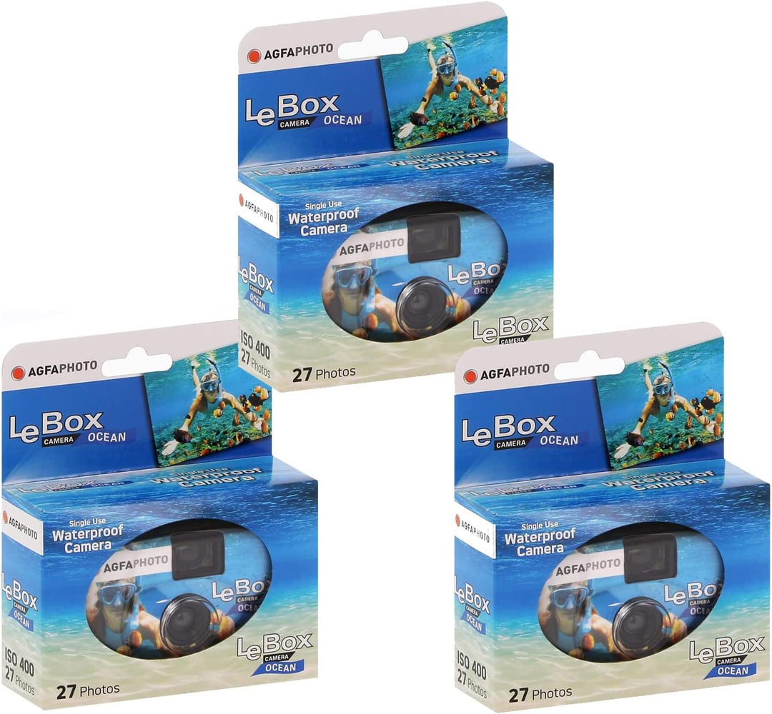 AgfaPhoto Le Box Ocean Einwegkamera (wasserdicht, 400 ASA, 27 Aufnahmen), 3 Stück
