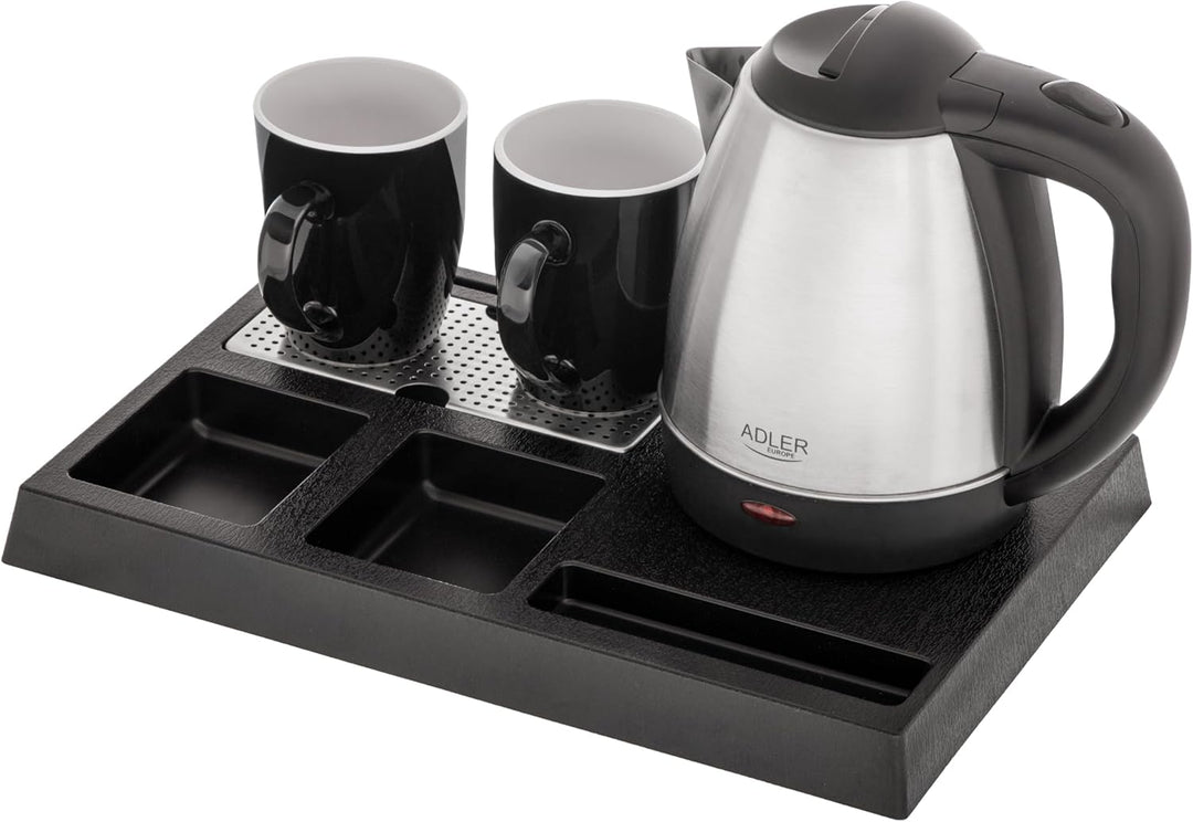Adler Wasserkocher Set Edelstahl 1,2L mit Tablett & 2 Tassen | Kompakte Teestation & Kaffeebar für H