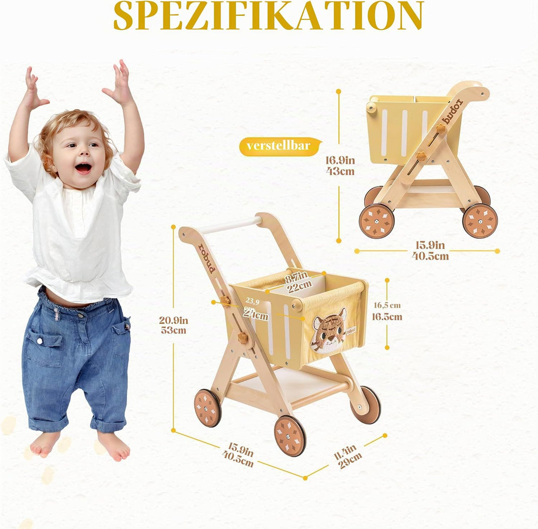 ROBUD Einkaufswagen aus Holz für Mädchen und Jungen, Baby Push Walker, höhenverstellbarer hölzerner