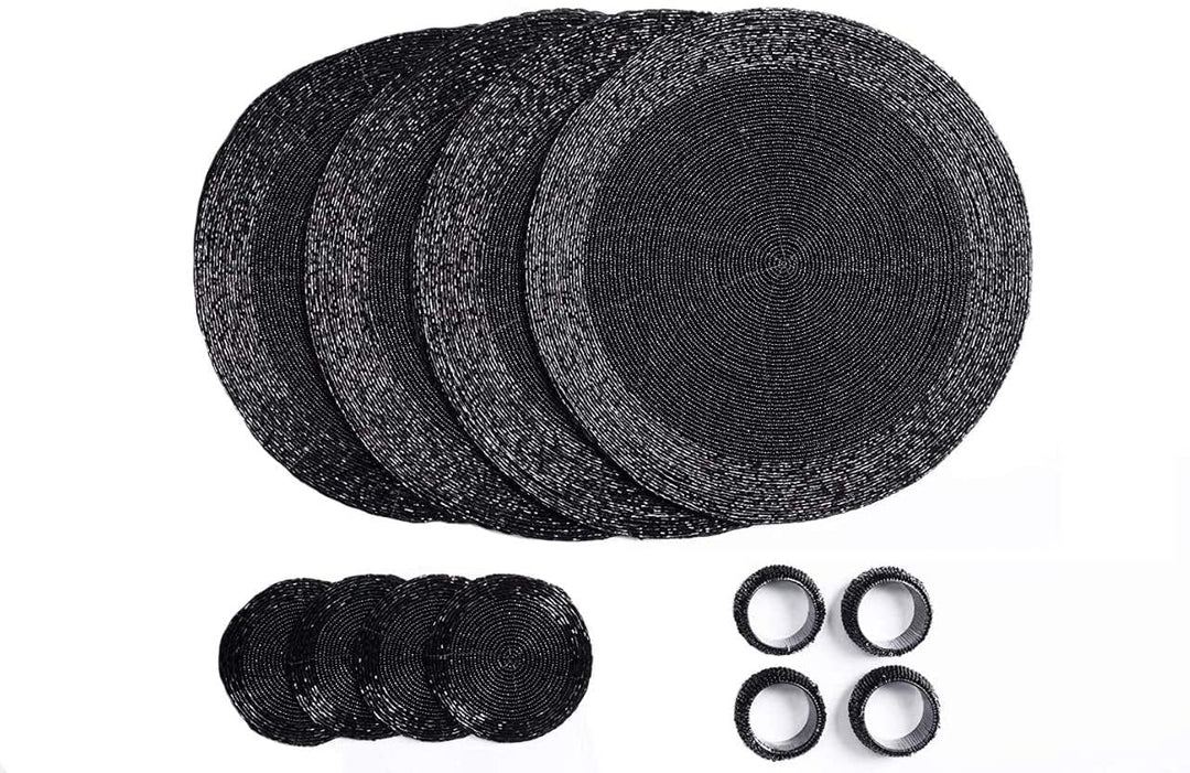 Penguin Home® Set von 12 Tischsets mit Glasperlen, Untersetzer und Serviettenringe - Schwarze Farbe