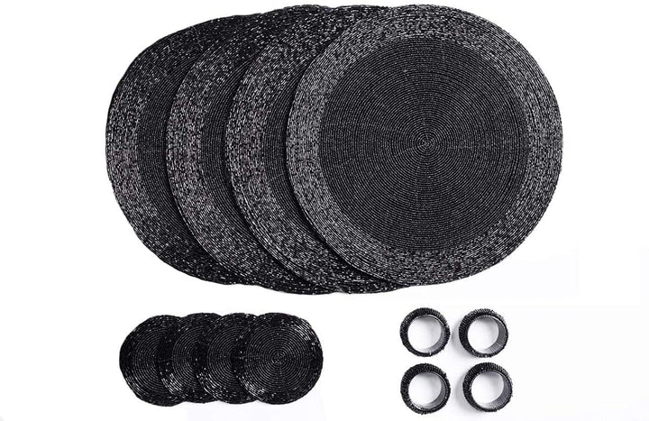 Penguin Home® Set von 12 Tischsets mit Glasperlen, Untersetzer und Serviettenringe - Schwarze Farbe