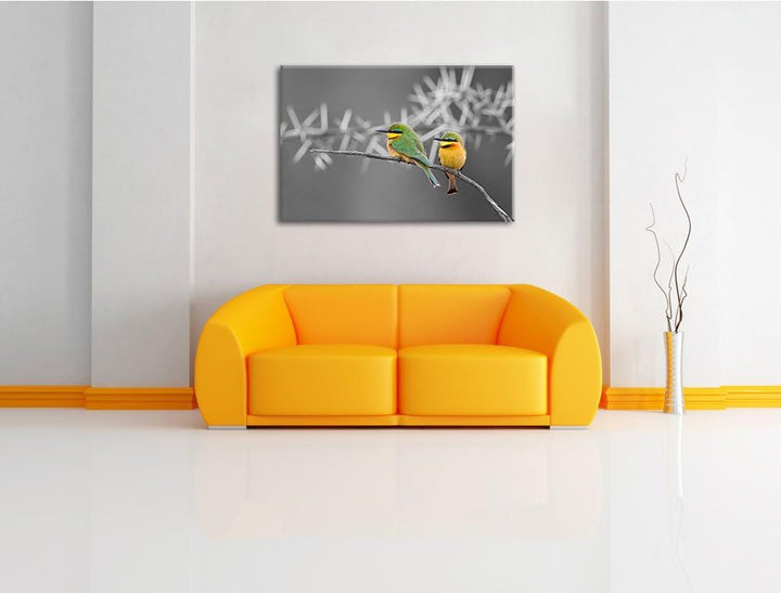 exotische Vögel auf Ast schwarz/weiss Format: 100x70auf Leinwand, XXL riesige Bilder fertig gerahmt