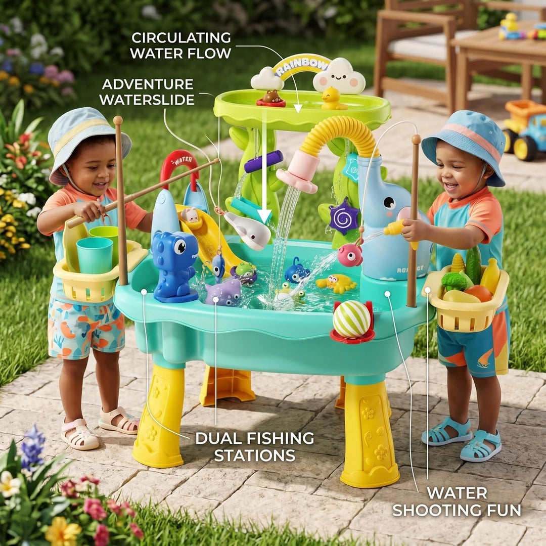 Wasserspieltisch, Wassertabletts für Kinder mit Umlaufrutsche und Angelfunktionen, 2-lagig, blau, Bl