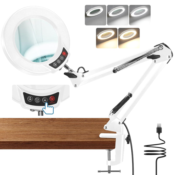10X Lupe mit Licht und Klemme, LED Lupenlampe mit Glaslinse, 5 Farbmodi Stufenlosem Dimmen, Lupe mit