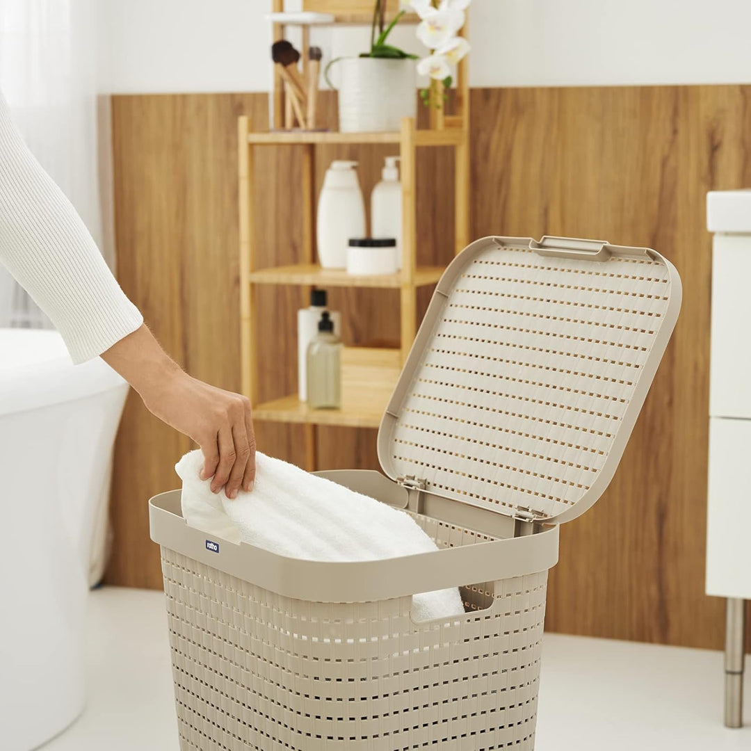 Rotho Country Wäschesammler Kunststoff mit Deckel 55l | Wäschekorb schmall in Rattan-Optik | Deckel