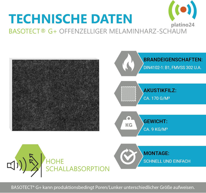 platino24 Schallabsorber COLORE aus Basotec G+ I Akustikpaneele mit Akustikfilz I 4 Wand-Paneele in