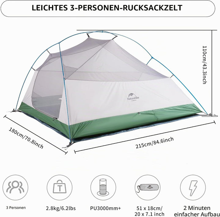 Naturehike Cloud-Up 3 Ultraleichtes Zelt 3-Personen Rucksack Zelt zum Wandern Camping im Freien 210T
