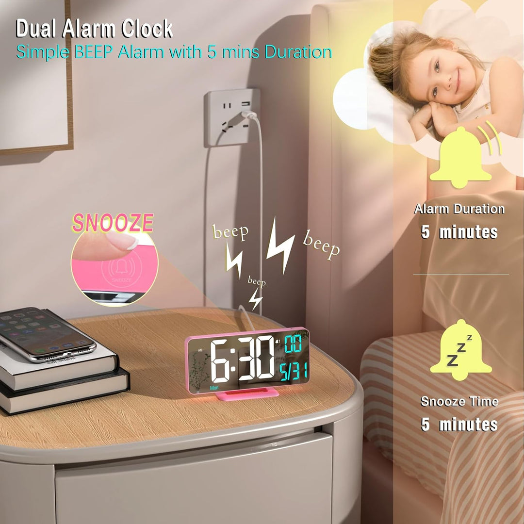 KOSUMOSU Rosa Digitaluhr für Schlafzimmer, 17 cm, Dual-Wecker mit Dimmung, 12/24 Stunden, Sekunden,