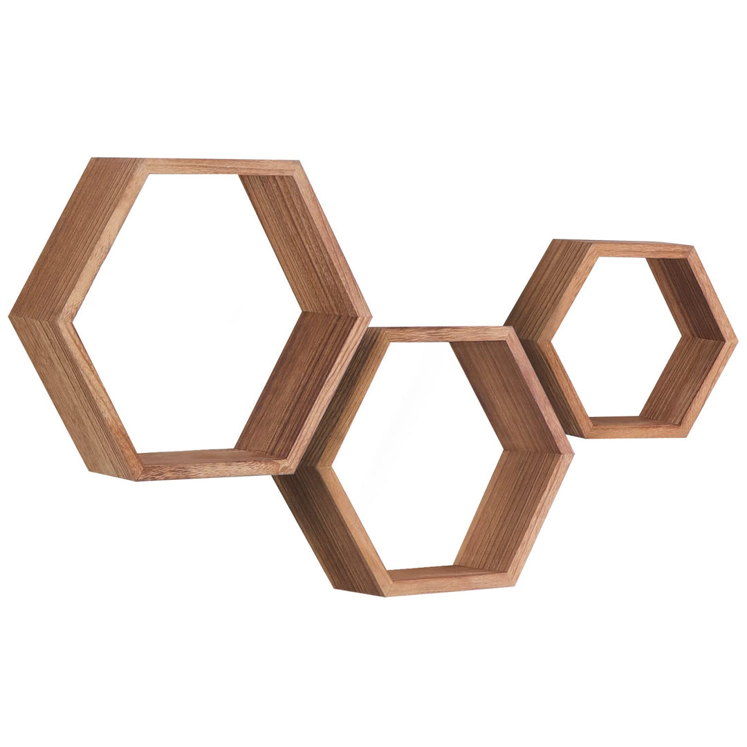 MITREL Hexagon Wandregal, Wohnzimmer Deko Wand, Holz Hängeregal für Schlafzimmer, 3er-Set(Karbonisie
