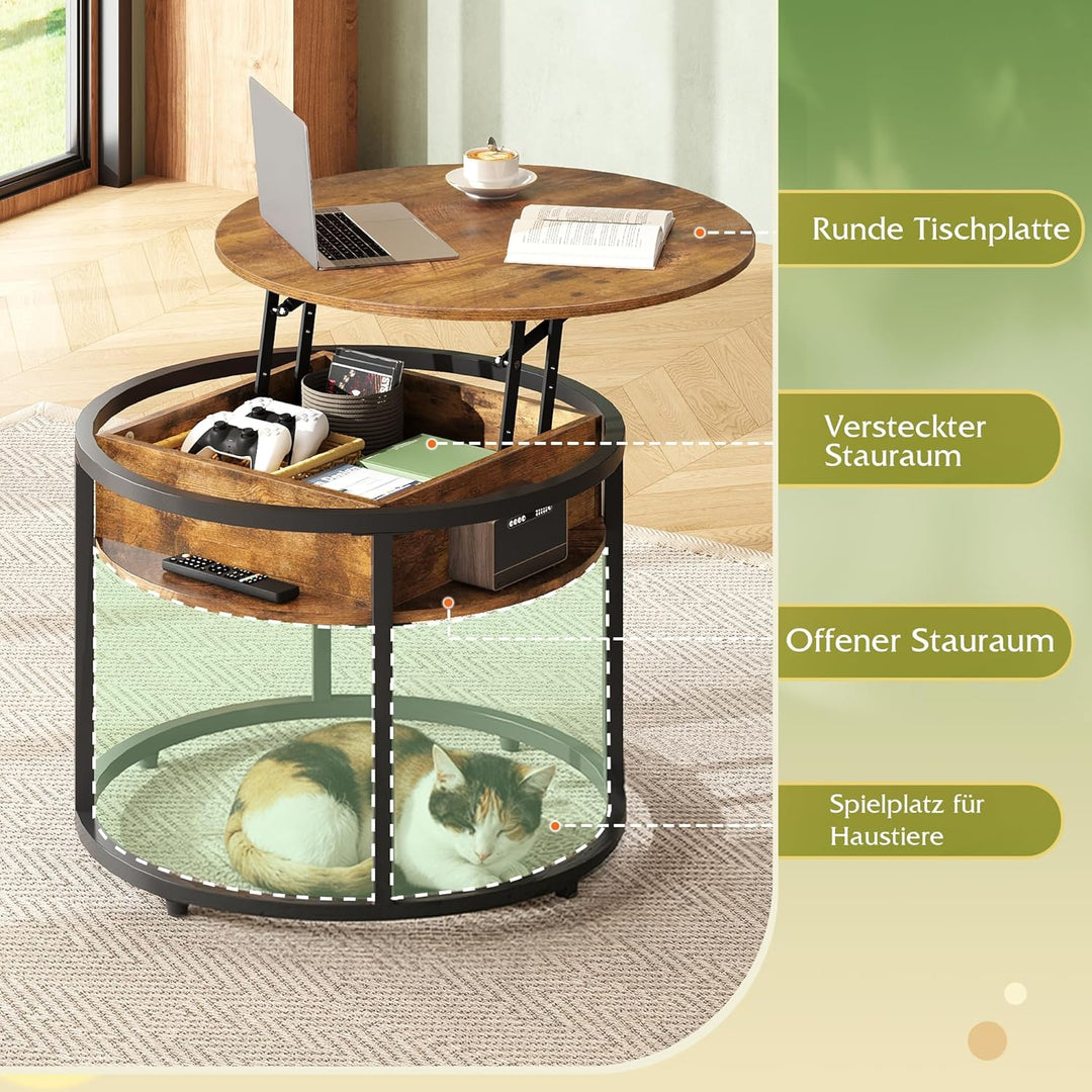 WLIVE Couchtisch Rund mit Hebeplatte, Wohnzimmertisch Höhenverstellbar mit Stauraum, 60 x 60 x 50 cm