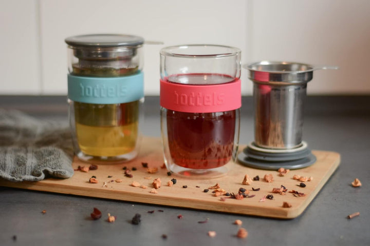 Glasbecher 380ml – Teebecher mit Sieb+Deckel, doppelwandig, Teetasse mit Edelstahl-Sieb, Keramik-Dec