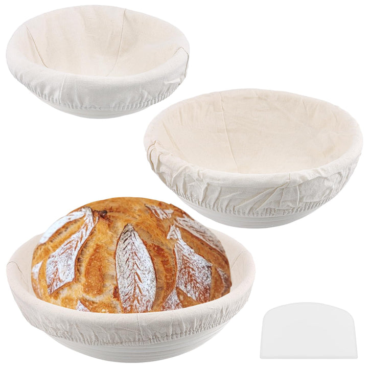3 Stück Gärkörbchen set rund, 16cm 20cm 25cm Gärkorb Brotkorb mit waschbarem Leineneinsatz und Teigs