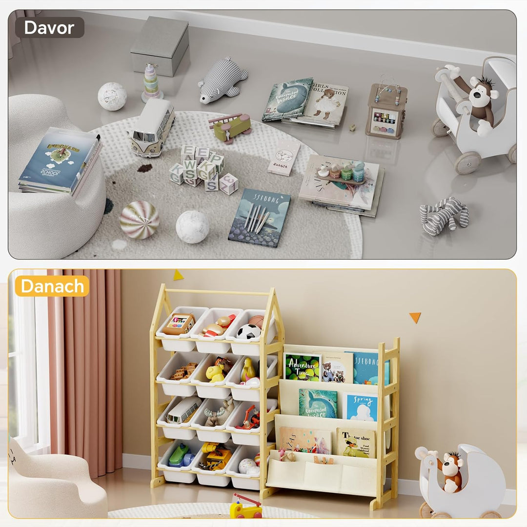 Bücherregal Kinder Spielzeug Aufbewahrung Regal Holz, mit 12 Boxen Spielzeug Regal Kinderzimmer, Mon