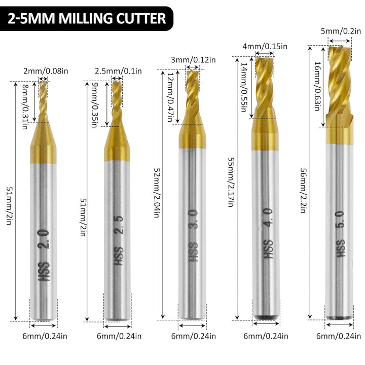 10 Stück HSS Schaftfräser Set 2–10 mm 4 Schneiden | Titanbeschichtete CNC Fräser mit 6/8/10 mm Schaf