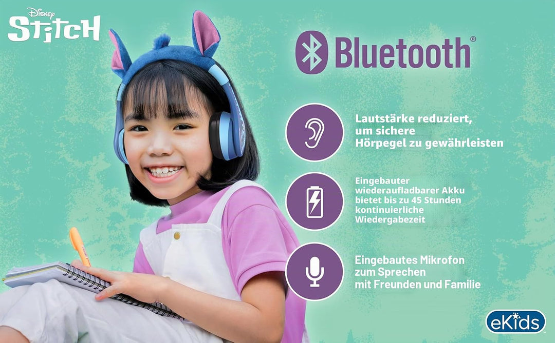 ekids Disney Stitch Bluetooth-Kopfhörer, kabellose Kopfhörer mit Mikrofon, inklusive AUX-Kabel, Laut