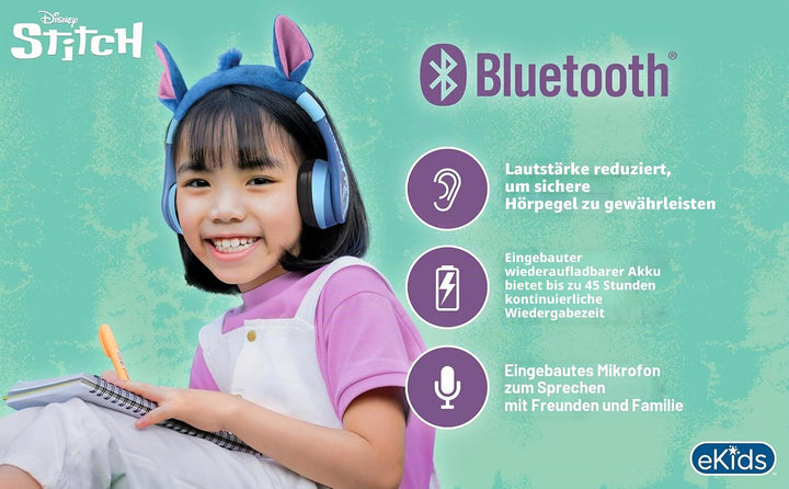 ekids Disney Stitch Bluetooth-Kopfhörer, kabellose Kopfhörer mit Mikrofon, inklusive AUX-Kabel, Laut