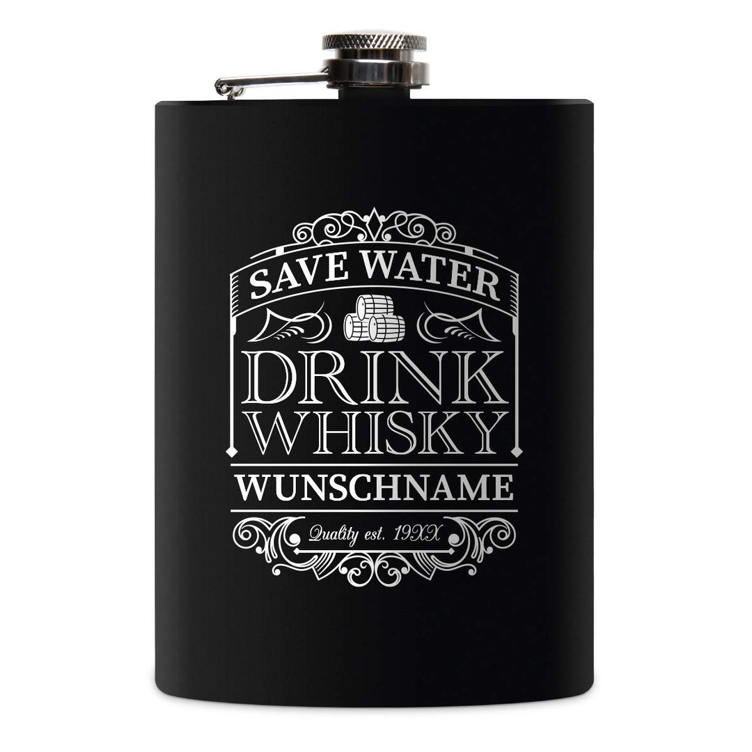 Flachmann Edelstahl Schwarz Matt 237 ml 8 oz individuelle Gravur in Silber - Save Water Drink Whisky