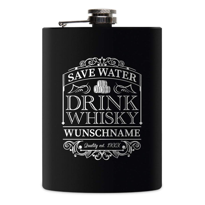 Flachmann Edelstahl Schwarz Matt 237 ml 8 oz individuelle Gravur in Silber - Save Water Drink Whisky