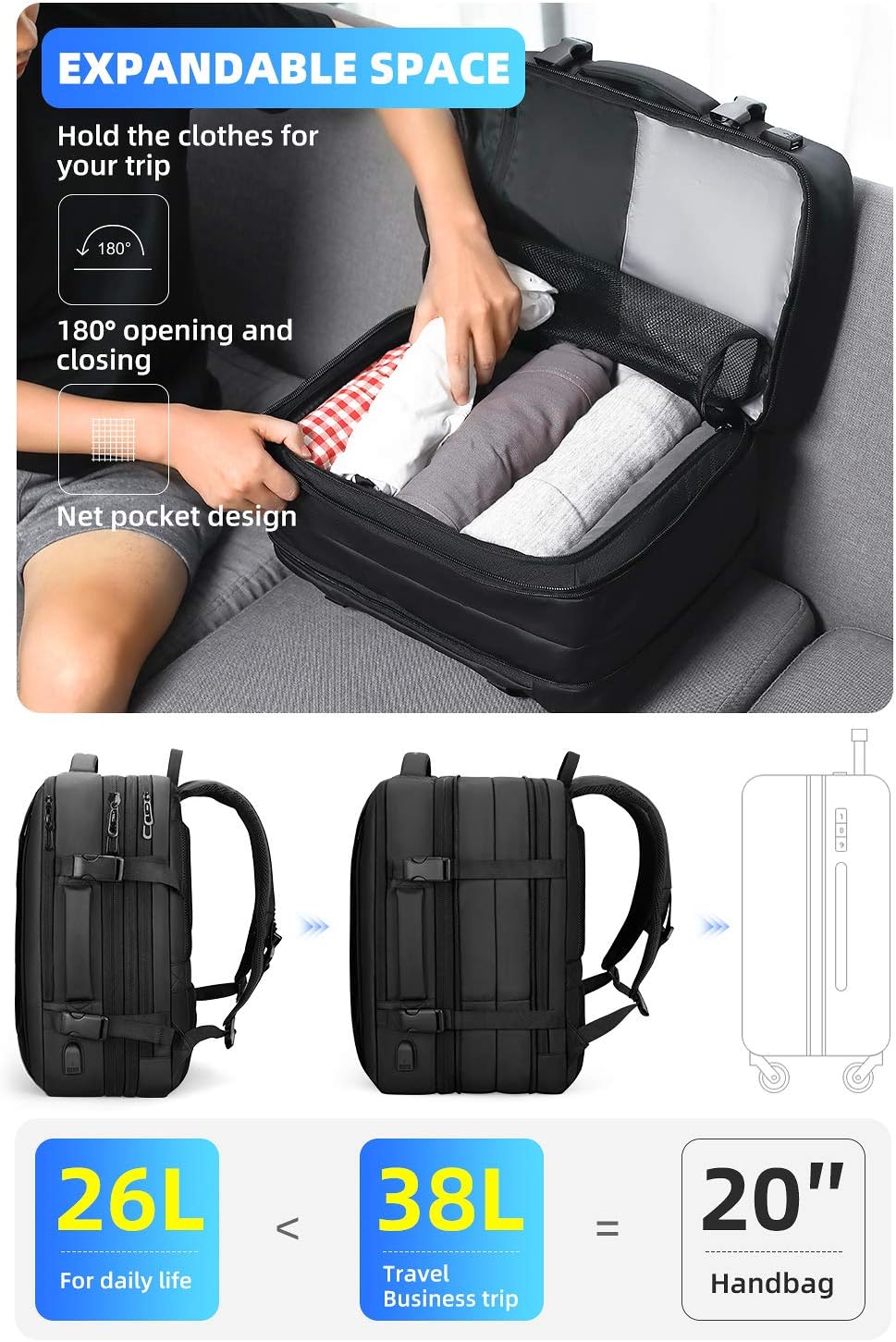 MARK RYDEN Erweiterbarer 25L-40L Rucksack,17-Zoll Business Rucksack Herren, Laptop-Tasche mit USB-La