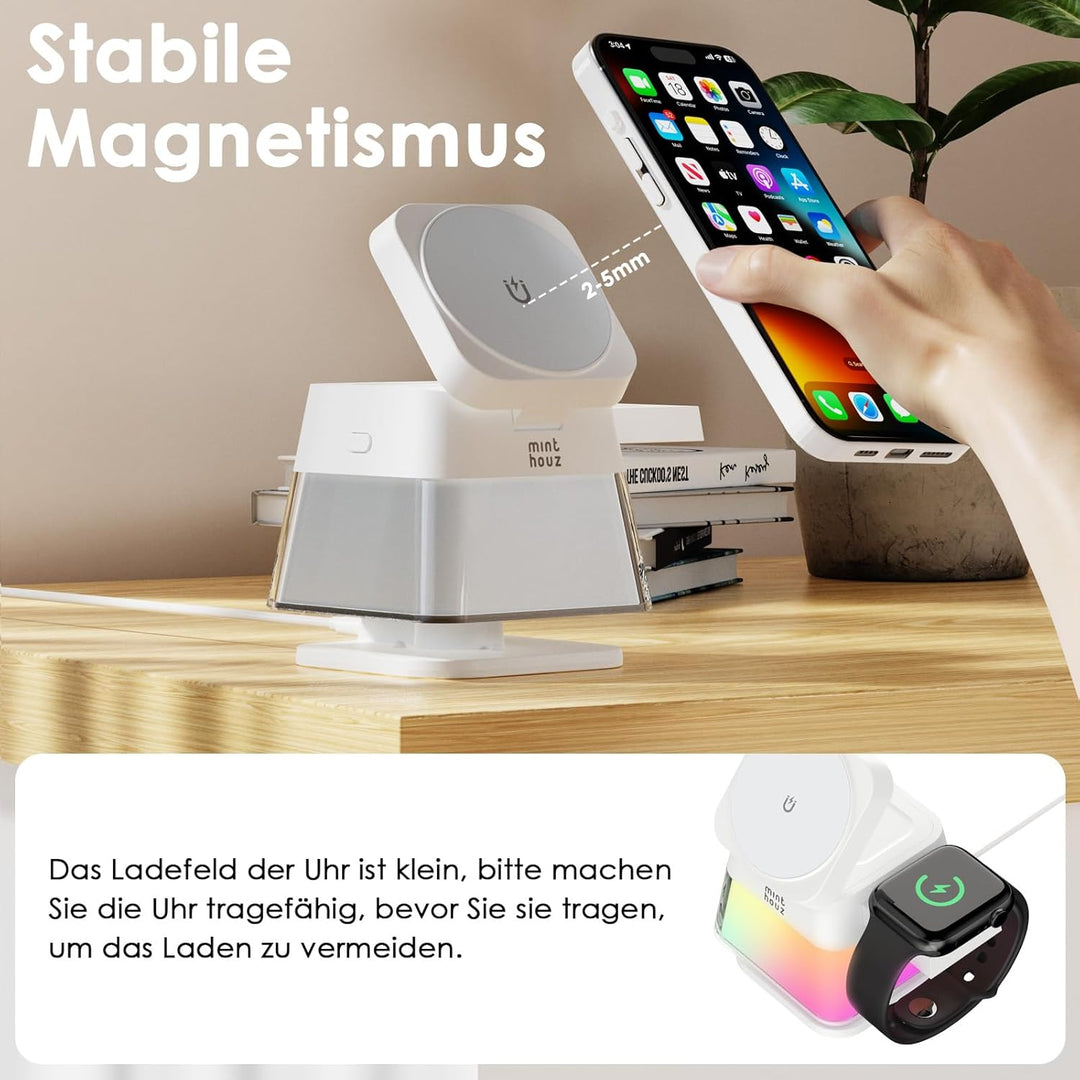 Minthouz 3-in-1 MagSafe Ladestation mit Nachtlicht, Induktive Ladestation für Apple Watch und iPhone