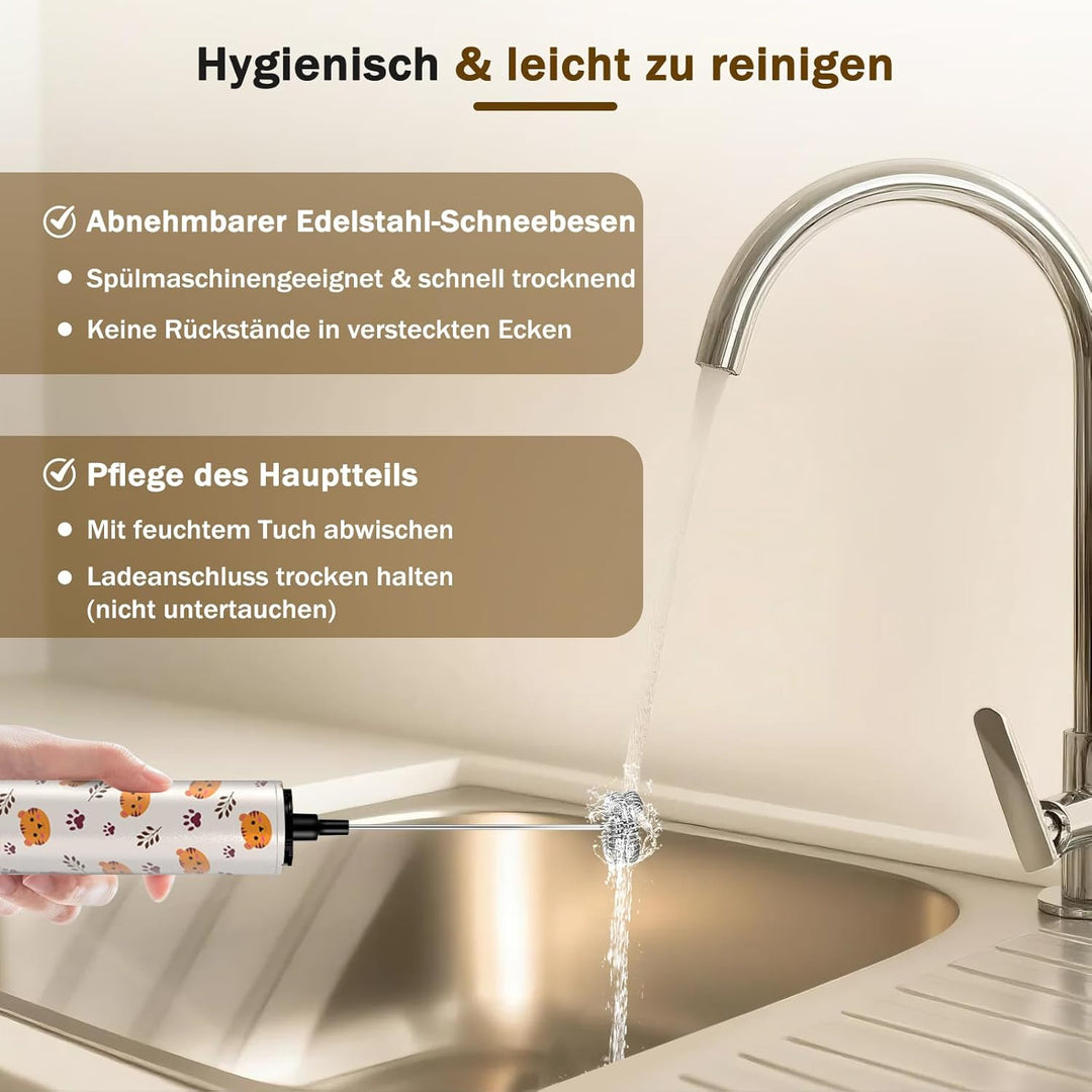 Milchschäumer Elektrisch USB-C mit 5 Wechselbaren Edelstahl-Schneebesen–2 Einstellbare Geschwindigke