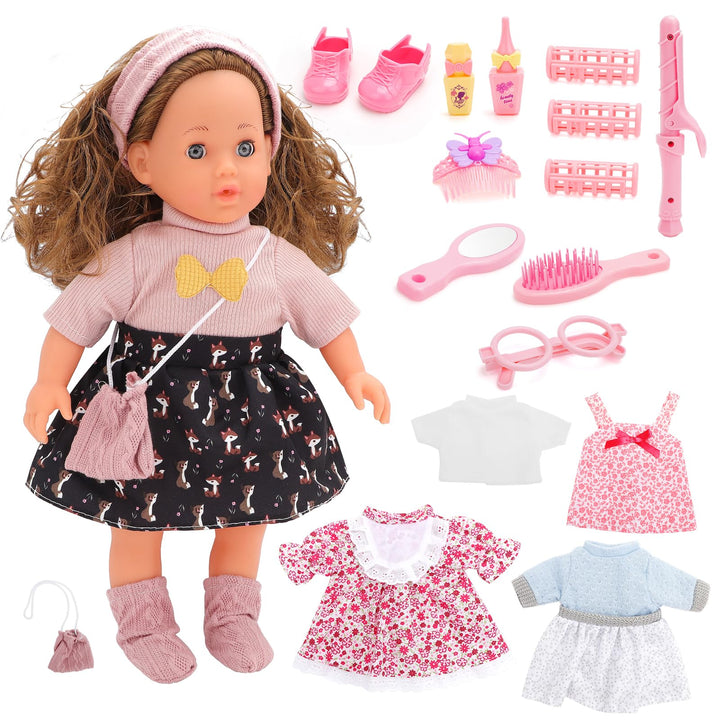 deAO Babypuppen-Spielset mit Zubehör, 38cm Puppe mit 4 Outfits und Puppenzubehör Spiegel Lockenstab