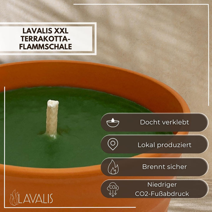 Lavalis XXL Terrakotta-Flammschale mit >25h Brenndauer, grosse Garten-Kerze für Grill-Fest, Hochzeit