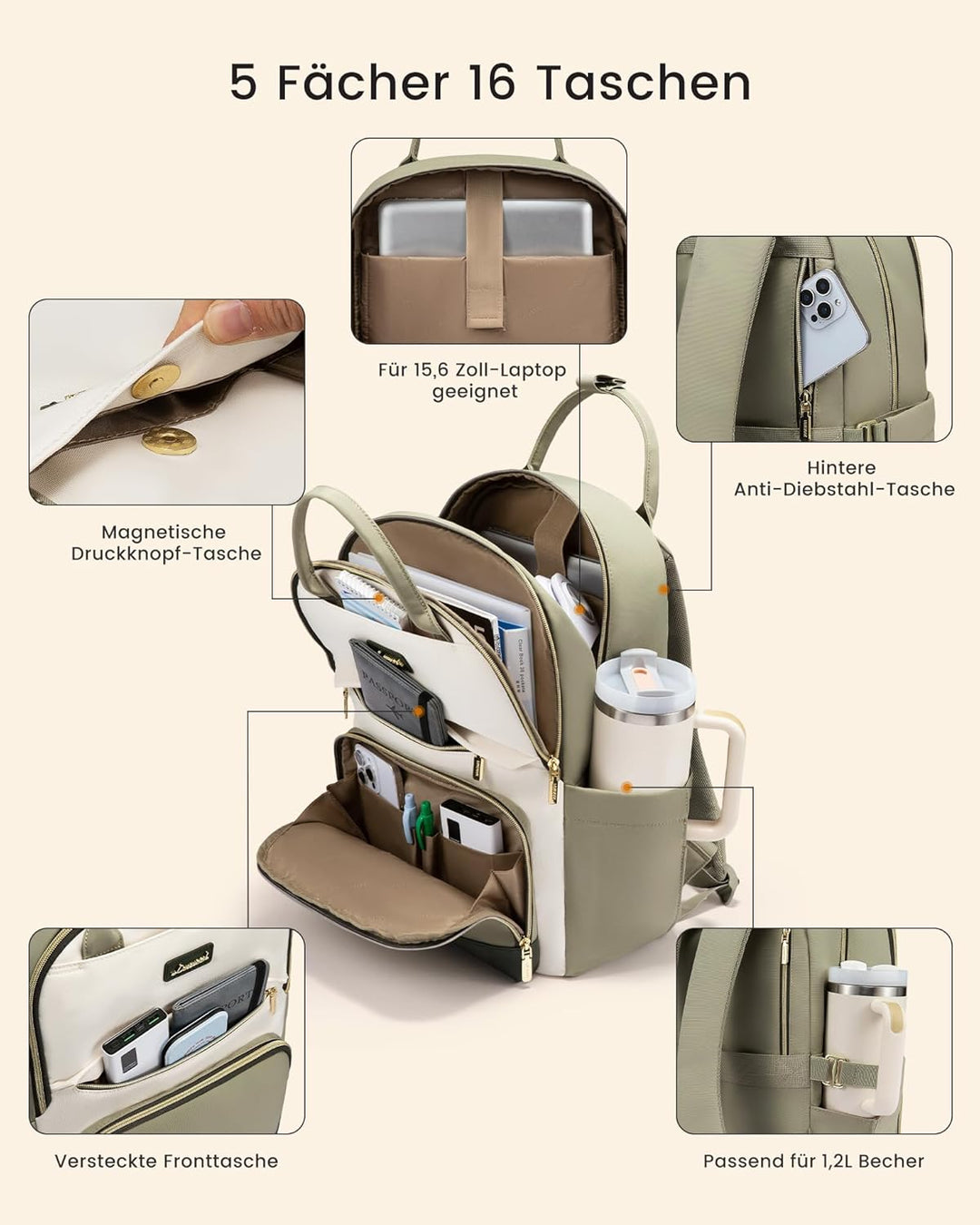 LOVEVOOK Rucksack Damen, 15.6 Zoll Laptop Schulrucksack Teenager mit Grossem Flaschenfach, Uni Schul