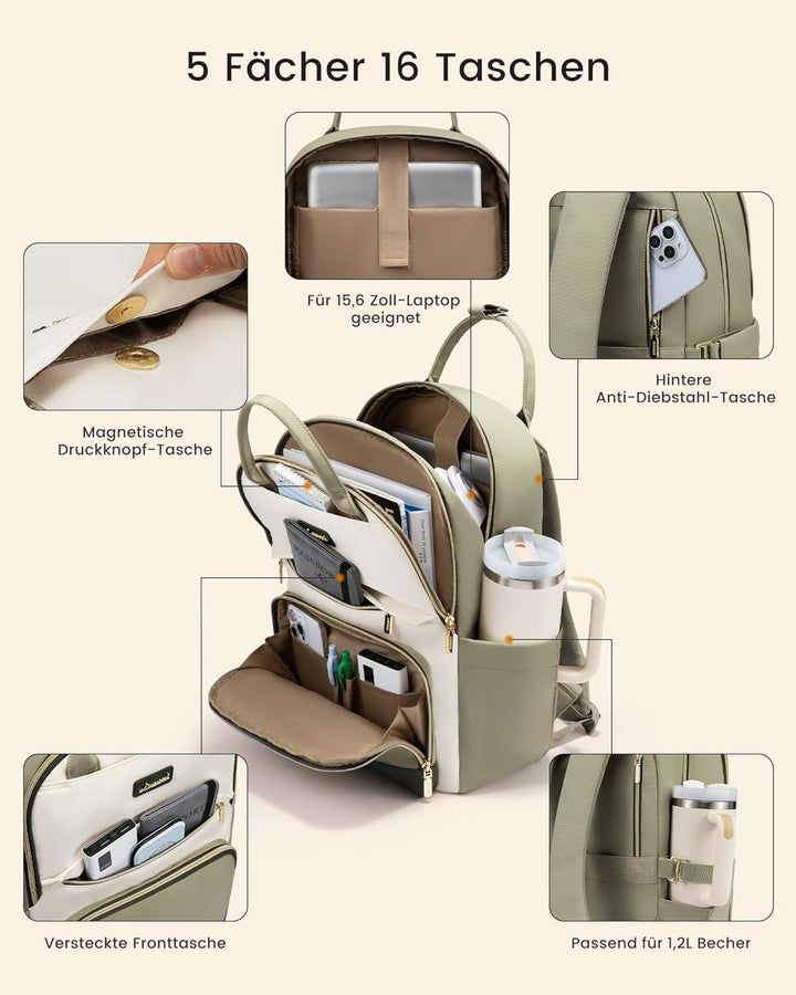 LOVEVOOK Rucksack Damen, 15.6 Zoll Laptop Schulrucksack Teenager mit Grossem Flaschenfach, Uni Schul