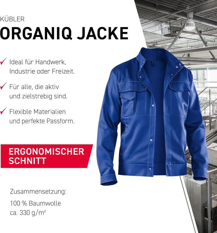 KÜBLER Workwear KÜBLER ORGANIQ Arbeitsjacke blau, Grösse 26, Herren-Arbeitsjacke aus Baumwolle, bequ