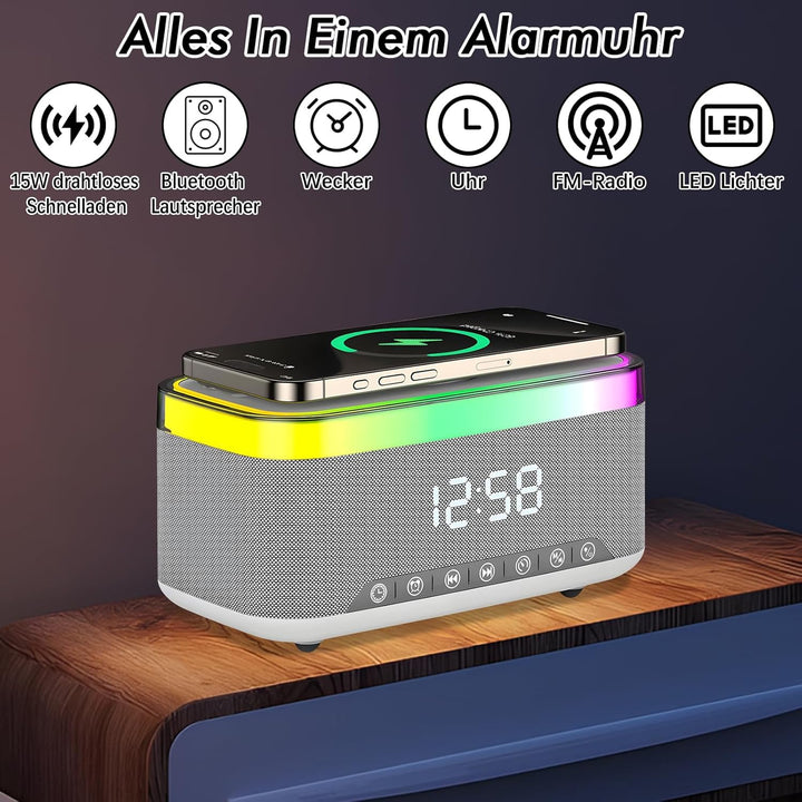 Radio wecker Digital mit Ladestation, 15W Fast Wireless Charger, Digitaler Radiowecker mit Bluetooth