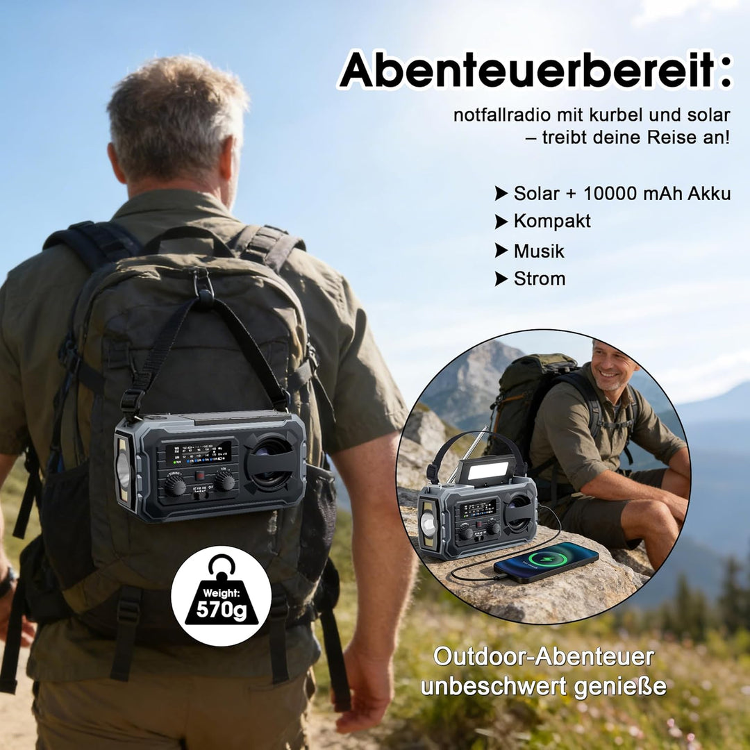 Kurbelradio, Tragbares Solarradio mit AM/FM, 10000mAh Powerbank, Notfallradio mit SOS-Alarm, LED-Tas