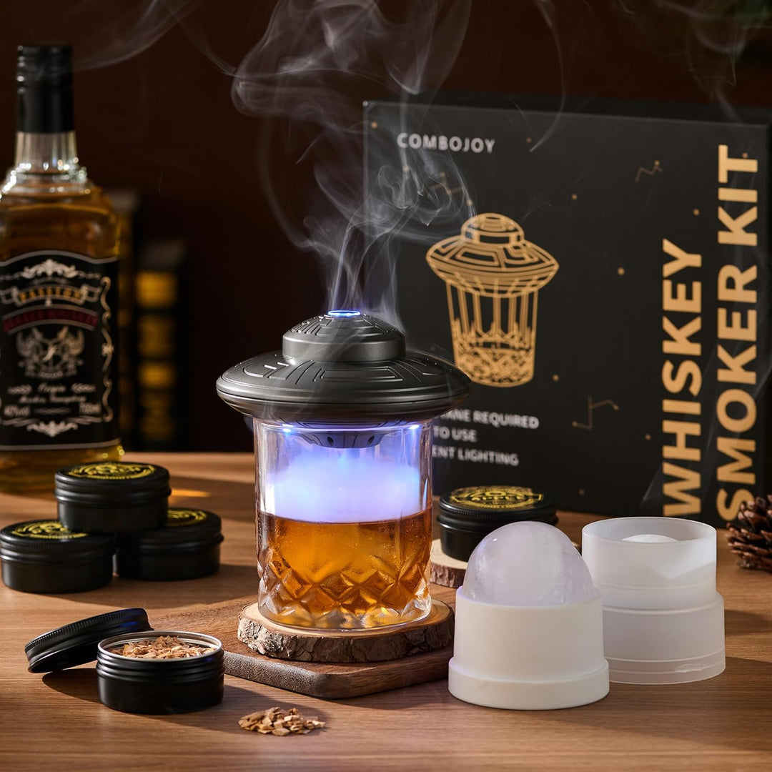 ComboJoy Elektrisches Whisky-Räucherkit mit LED, 6 Aromaholzspäne, Whisky-Glas & Eisform, wiederaufl