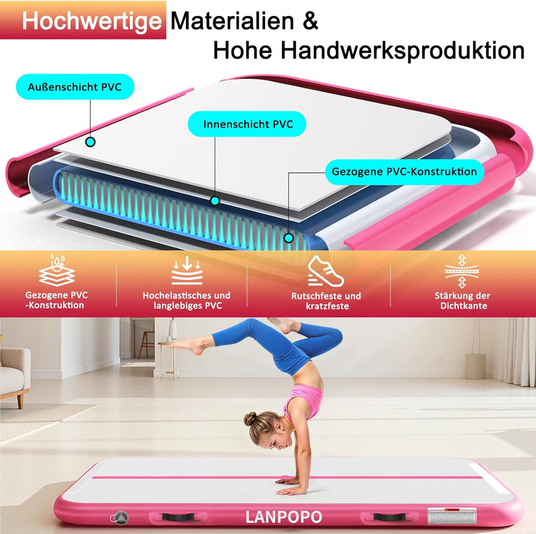 Airtrack Gymnastikmatte – Aufblasbare Turnmatte 2M/3M/4M/5M in Pink, Luftdicht, Weich aber Stabil, E